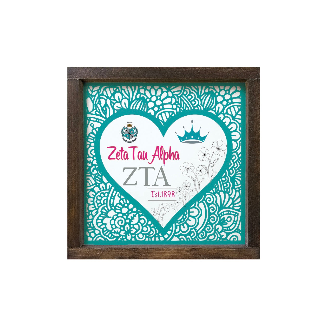 Zeta Tau Alpha 12x12 Wood Framed Sign - Turquoise Mandala Heart | ZTA Gifts