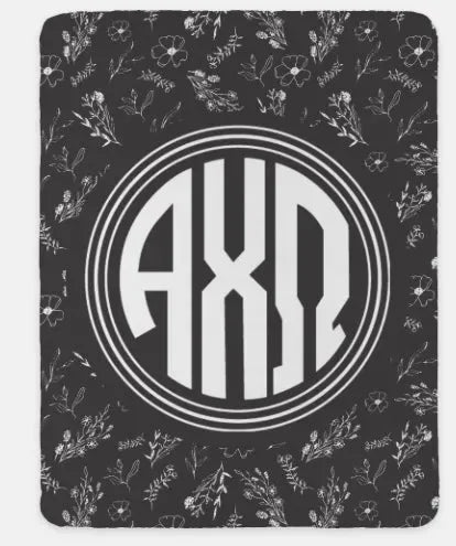 Alpha Chi Omega XL 60x80 Sherpa Throw Blanket - Vintage Floral Black Throw Blankets
