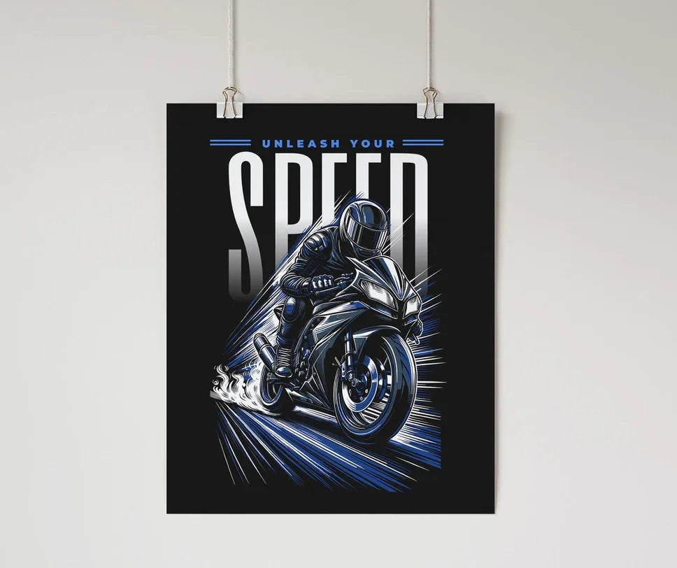 Unleash Your Speed - Motorcycle Wall Poster Blue Wall Art & Signs