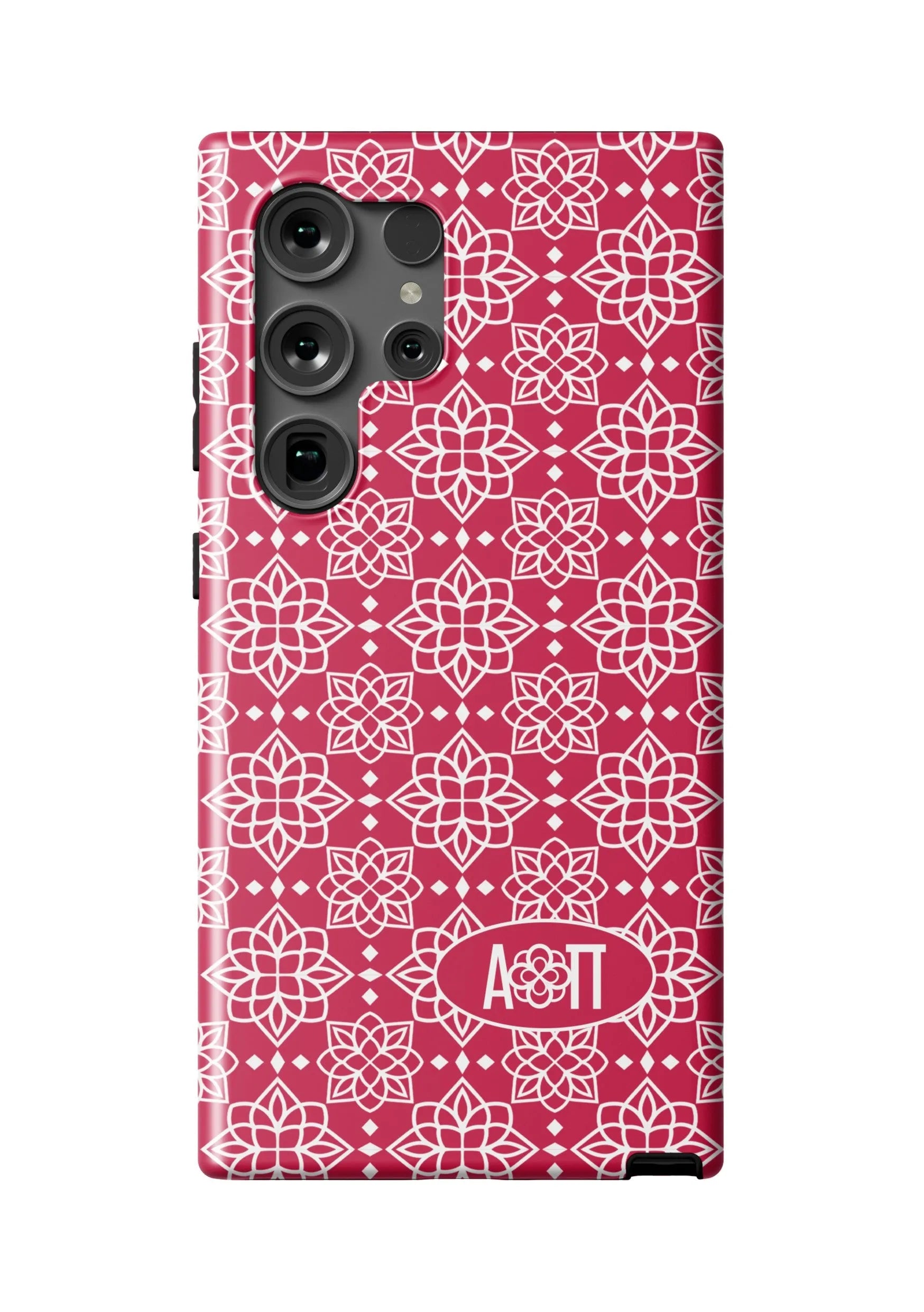 Alpha Omicron Pi Samsung Galaxy 24, 23 Mobile Phone Case - Red Ornate