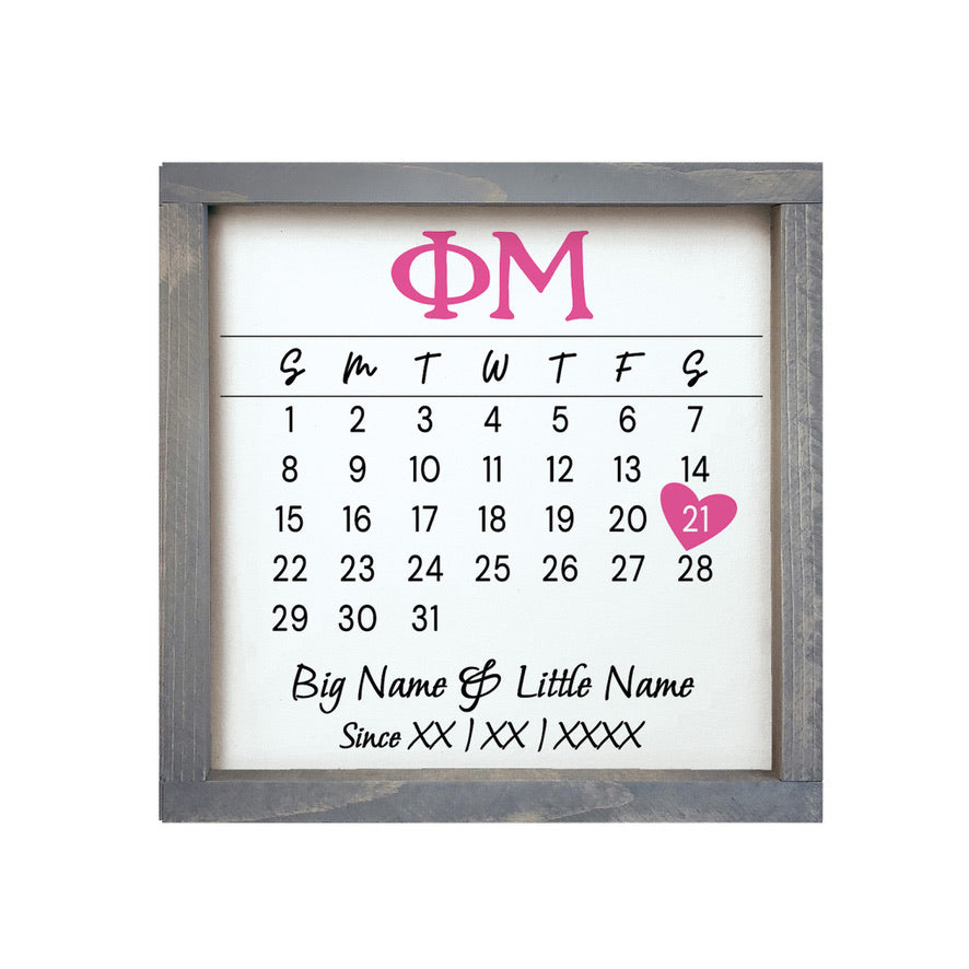 Phi Mu Personalized Big Little Calendar Framed Sign - 12x12