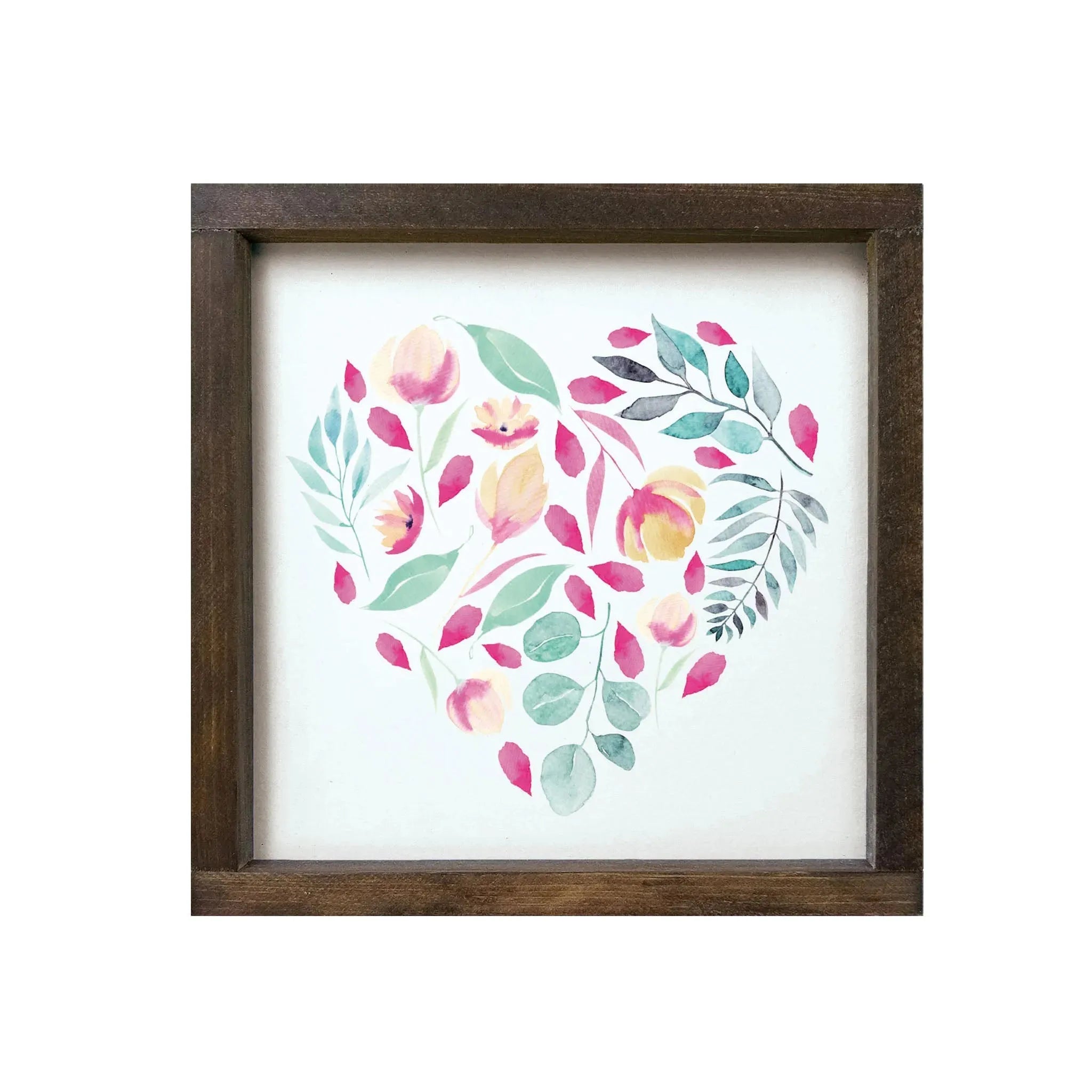 Floral Hear - Aqua & Pink Wood Framed Sign 12"x12" Walnut Stain Wall Art & Signs