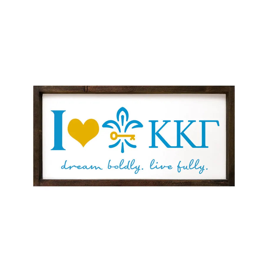 Kappa Kappa Gamma 12x24 Wood Framed Sign - Fleur de Key "I Heart" Walnut Stain Wall Art & Signs