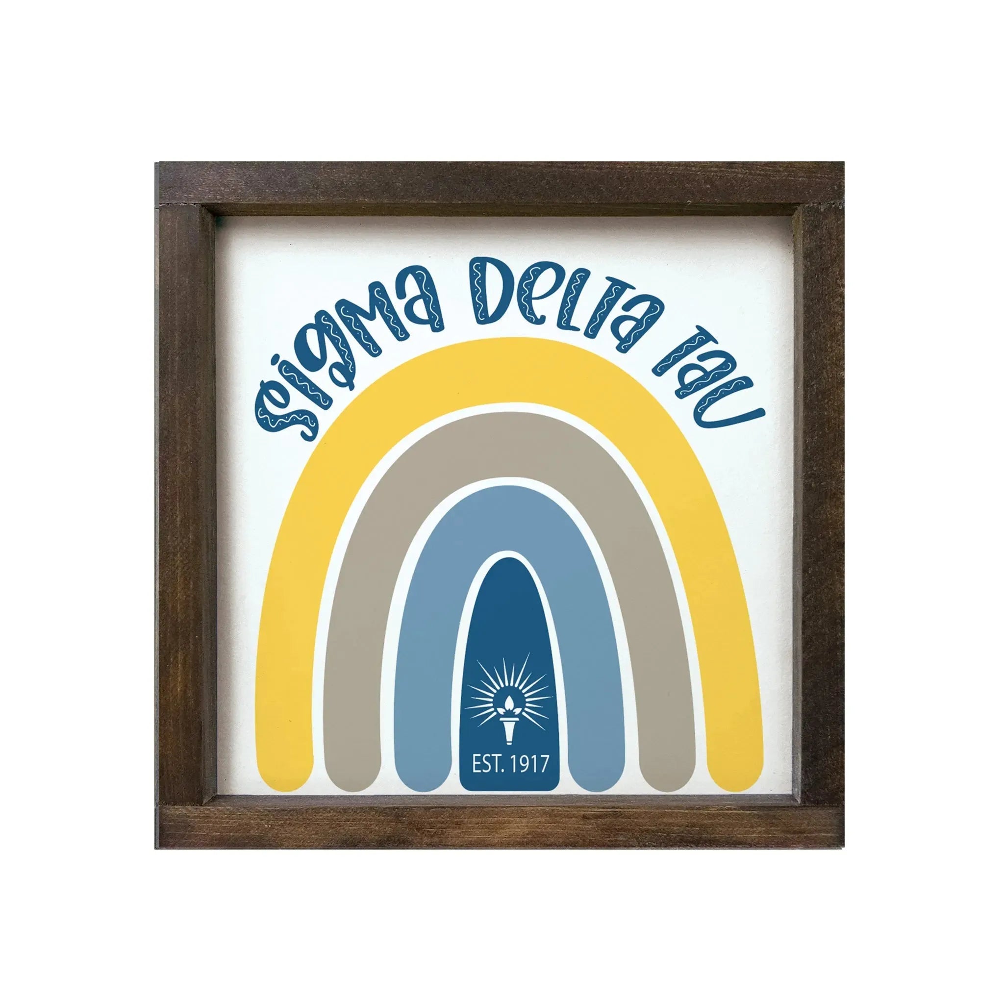 Sigma Delta Tau 12x12 Wood Framed Sign - Rainbow Walnut Stain Wall Art & Signs