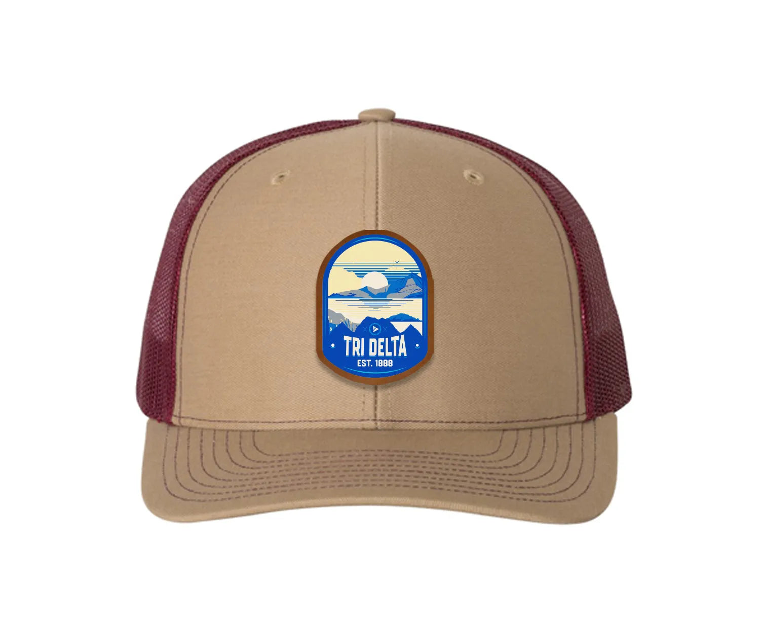 Tri Delta Richardson 112 UV Print Leatherette Patch Trucker Hat - Ventura Khaki Burgundy Trucker Hat