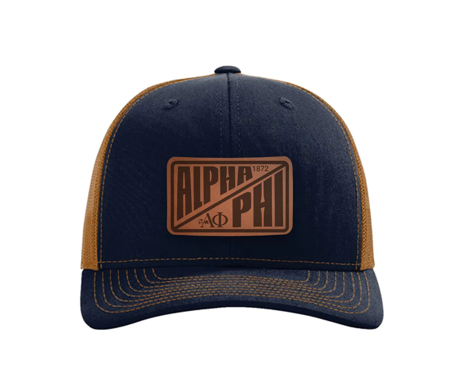 Alpha Phi Richardson 112 Leatherette Patch Trucker Hat - Divide Navy Caramel Trucker Hat