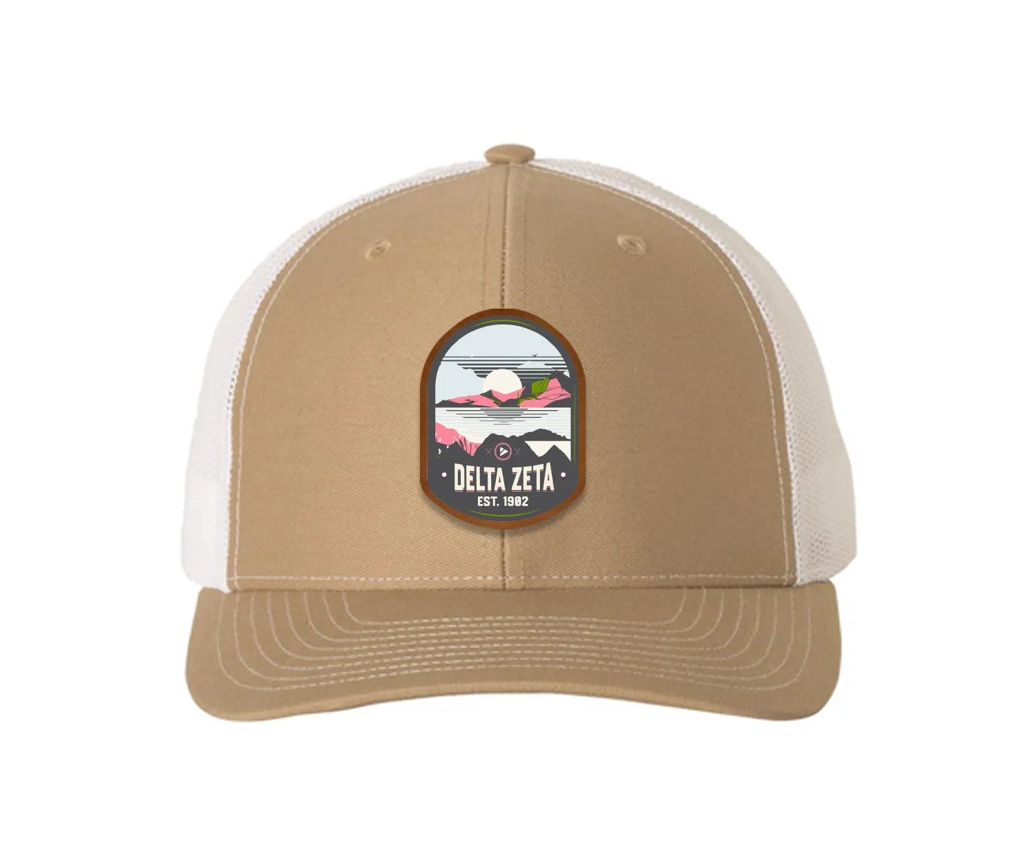 Delta Zeta Richardson 112 UV Print Leatherette Patch Trucker Hat - Ventura Khaki White Trucker Hat