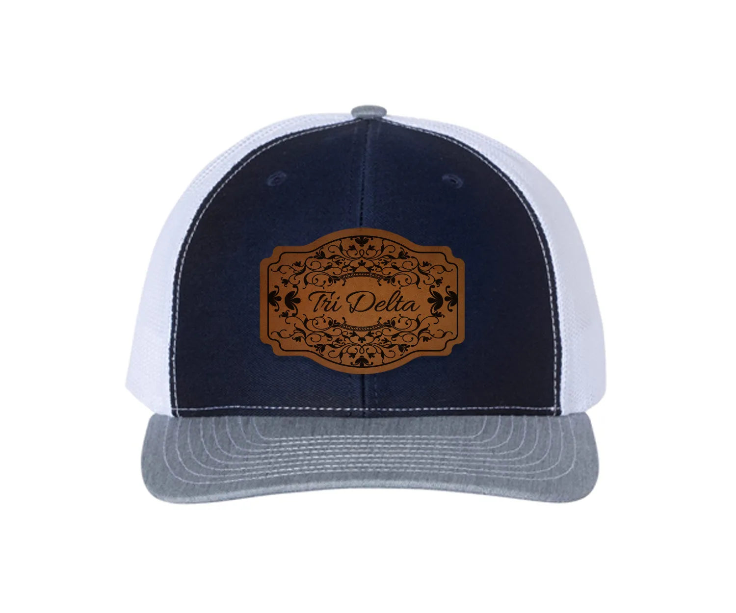 Tri Delta Richardson 112 Leatherette Patch Trucker Hat - Scroll Navy White Heather Gray Trucker Hat