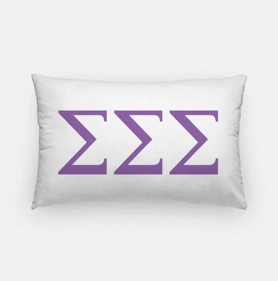 Tri Sigma Lumbar Throw Pillow Cover - Knockout Greek Letters White Violet Pillow Covers