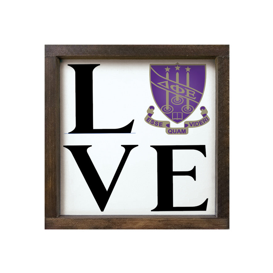 Delta Phi Epsilon  12x12 "LOVE" Wood Framed Sign | DPHIE Wall Art