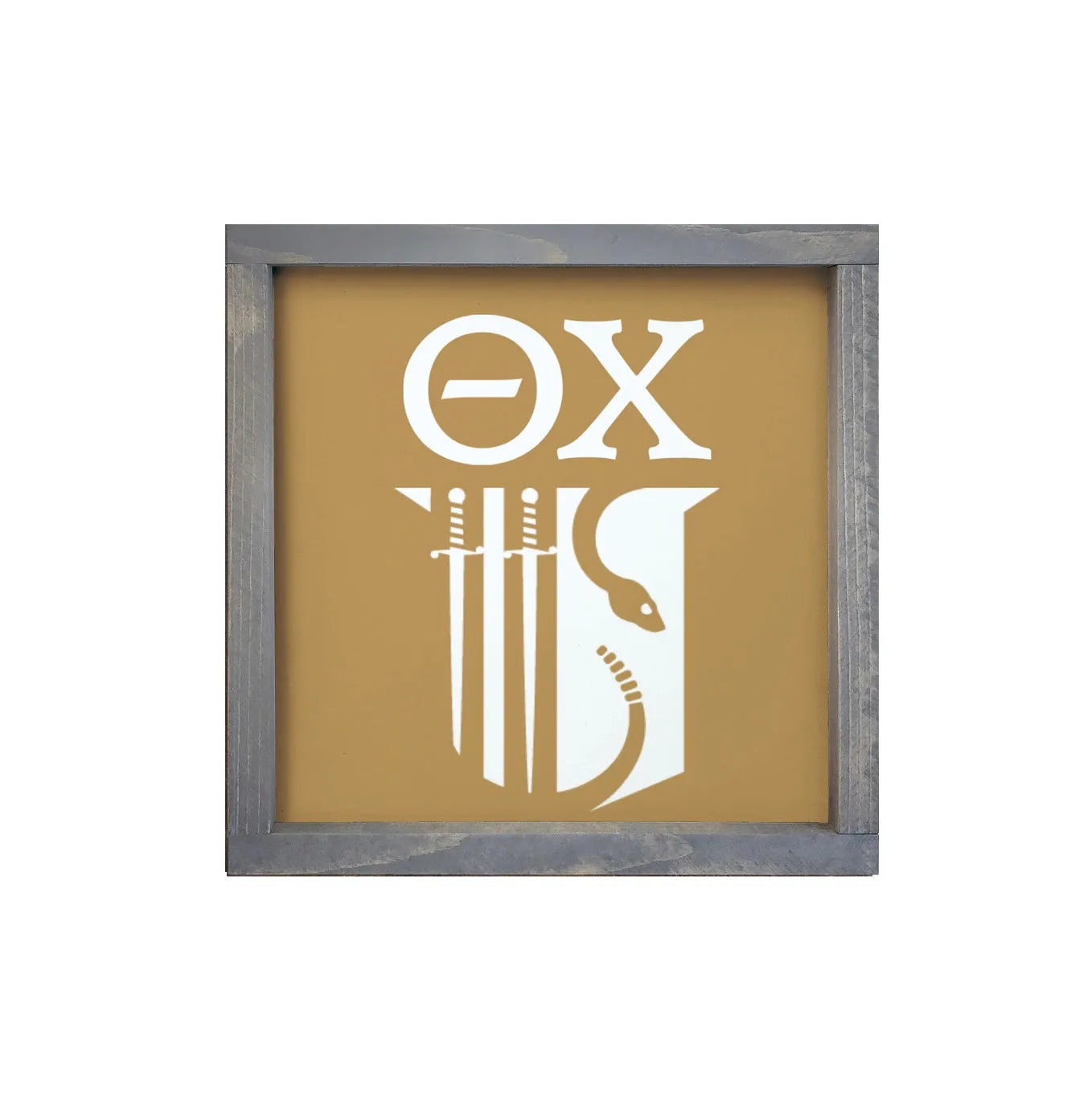 Theta Chi 12x12 Wood Framed Sign - Shield Gold Weathered Gray Wall Art & Signs