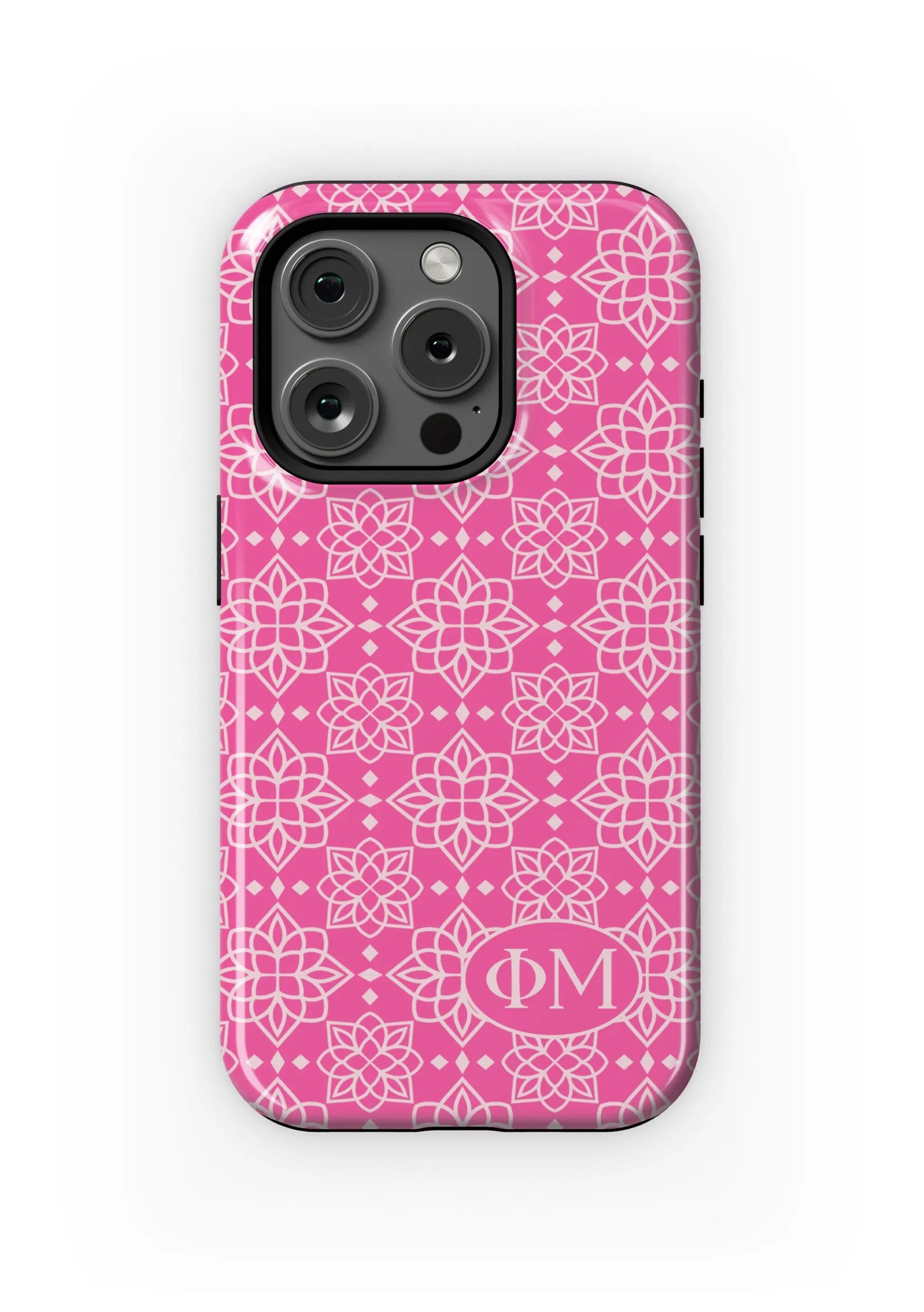 Phi Mu iPhone 16, 15, 14 Mobile Phone Case - Pink Ornate Gloss Mobile Phone Cases