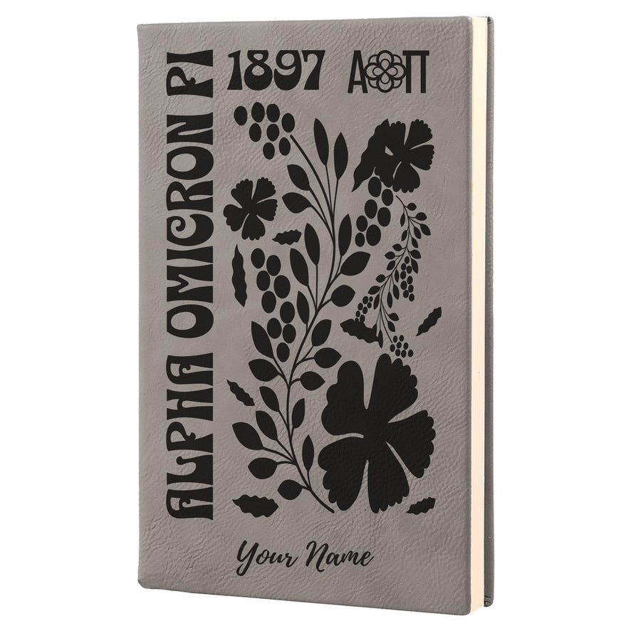 Alpha Omicron Pi Personalized Leatherette Notebook - Retro Floral