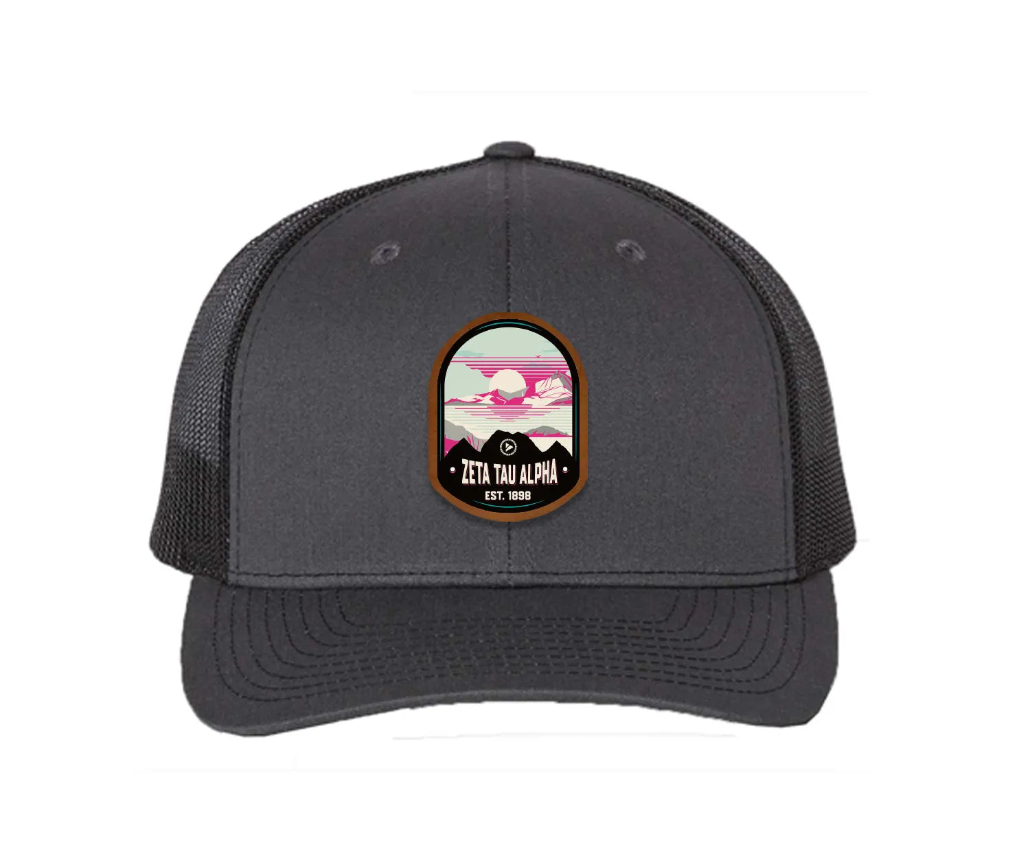 Zeta Tau Alpha Richardson 112 UV Print Leatherette Patch Trucker Hat - Ventura Charcoal Black Trucker Hat