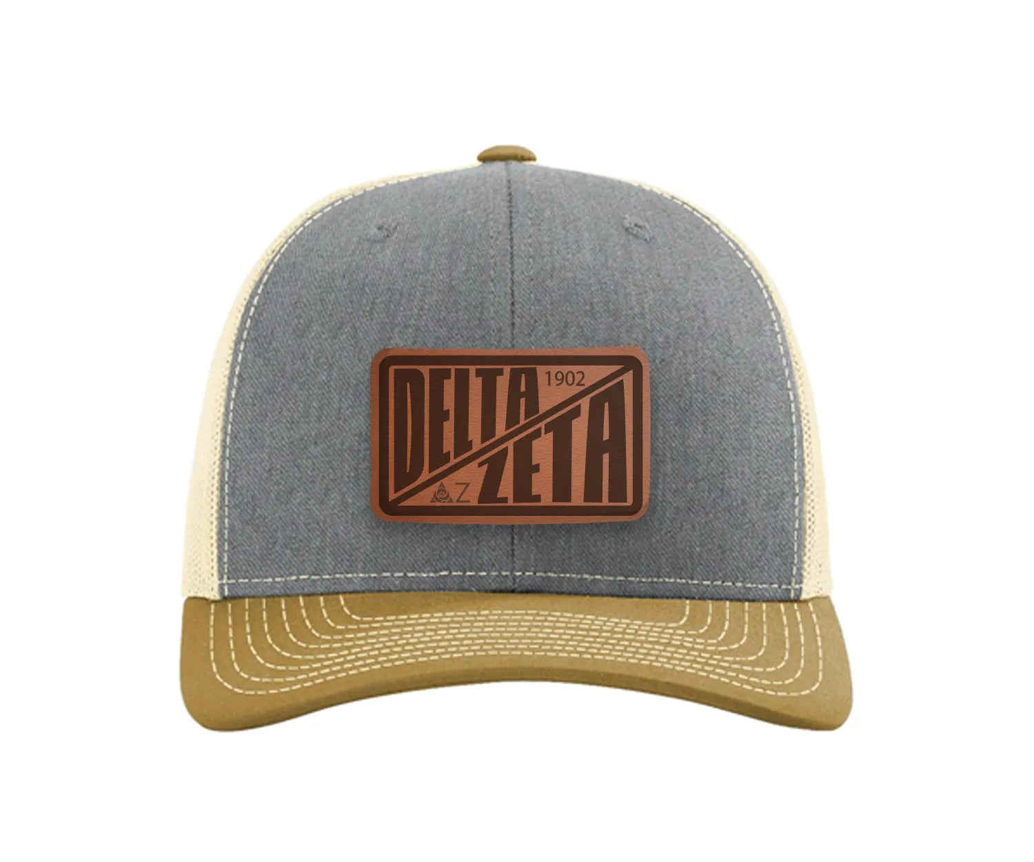 Delta Zeta Richardson 112 Leatherette Patch Trucker Hat - Divide Heather Gray Birch Amber Gold Trucker Hat