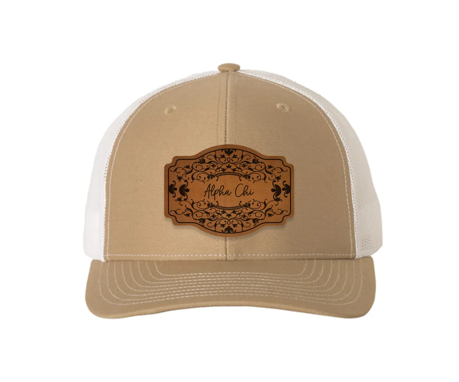 Alpha Chi Omega Richardson 112 Leatherette Patch Trucker Hat - Scroll Khaki White Trucker Hat