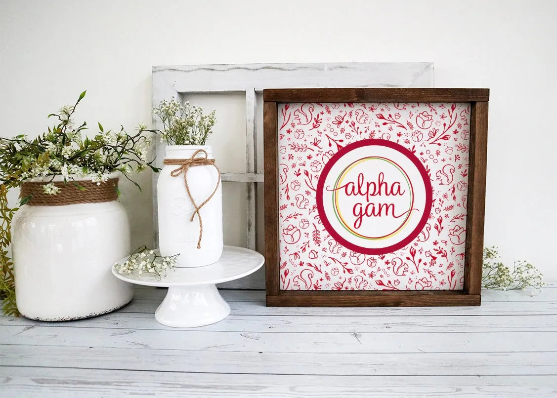 Alpha Gam 12x12 Wood Framed Sign - Combo Pattern | Custom AGD Gifts | Campus Greek Fit