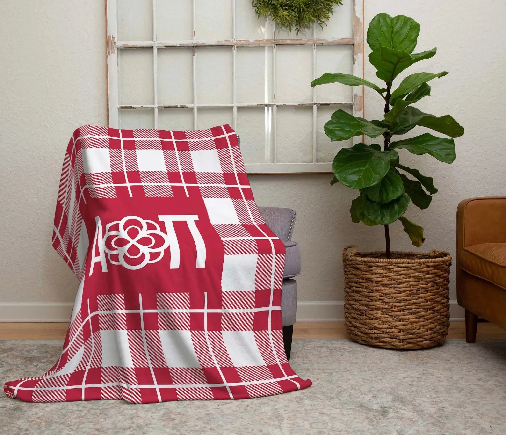 Alpha Omicron Pi XL 60x80 Plaid Sherpa Blanket Throw Blankets