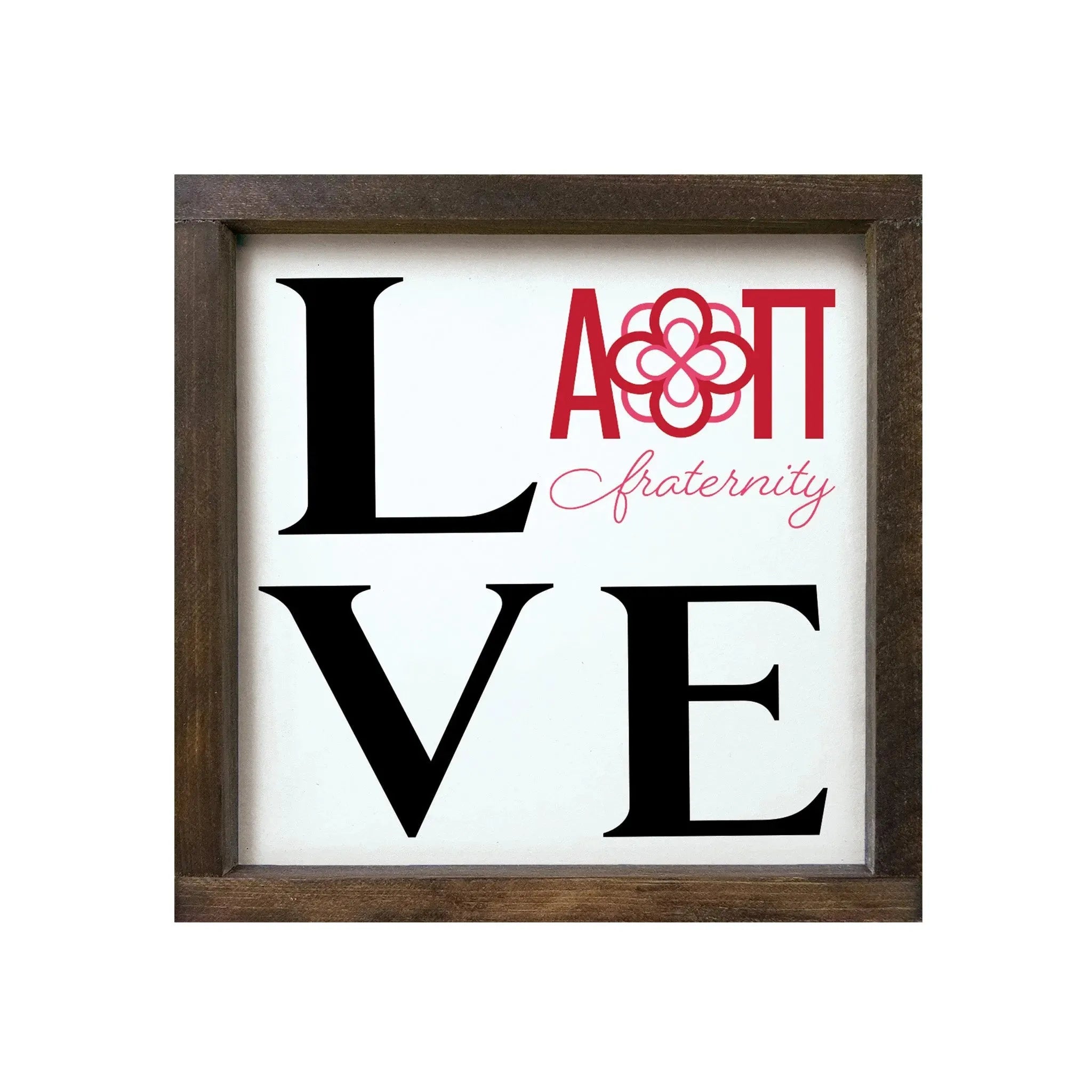 Alpha Omicron Pi 12x12 Wood Framed Sign - LOVE Walnut Stain Wall Art & Signs