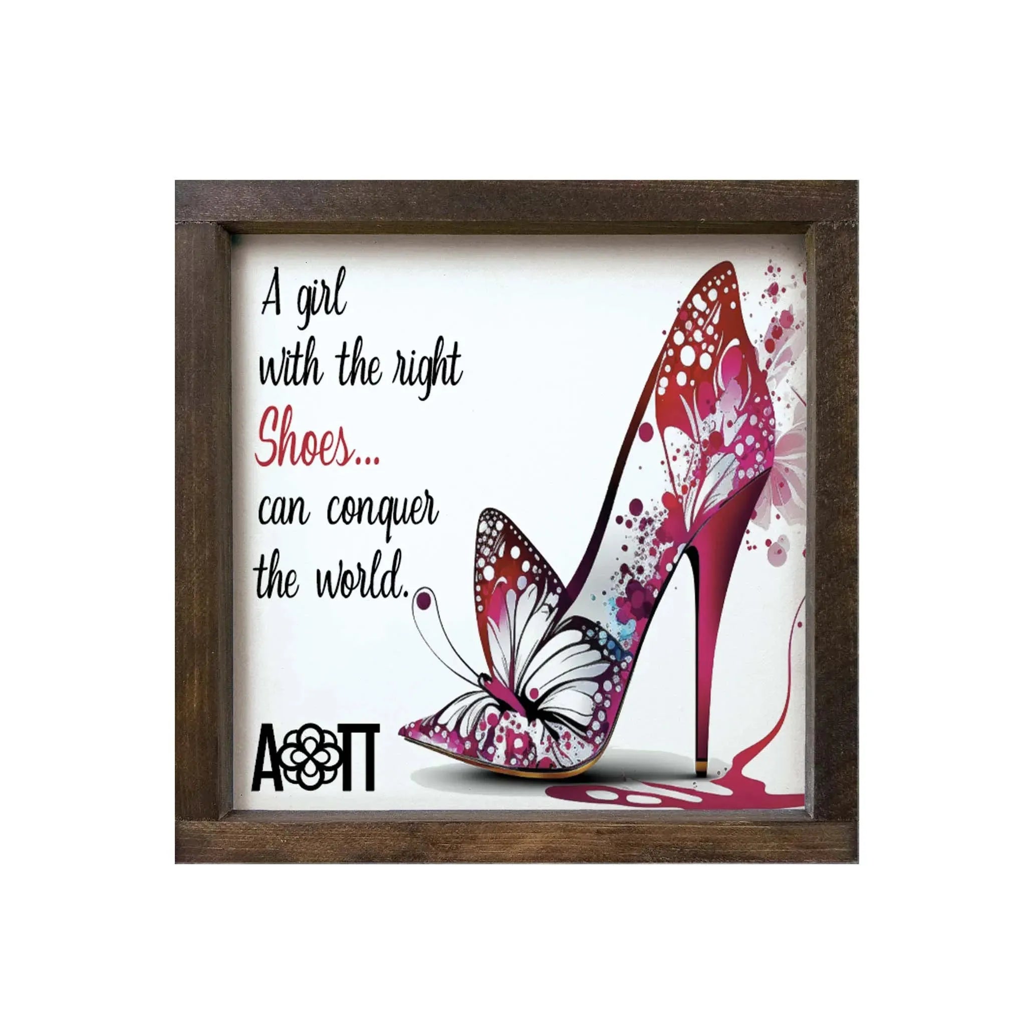 Alpha Omicron Pi 12x12 Wood Framed Sign - The Right Shoes Walnut Stain Wall Art & Signs