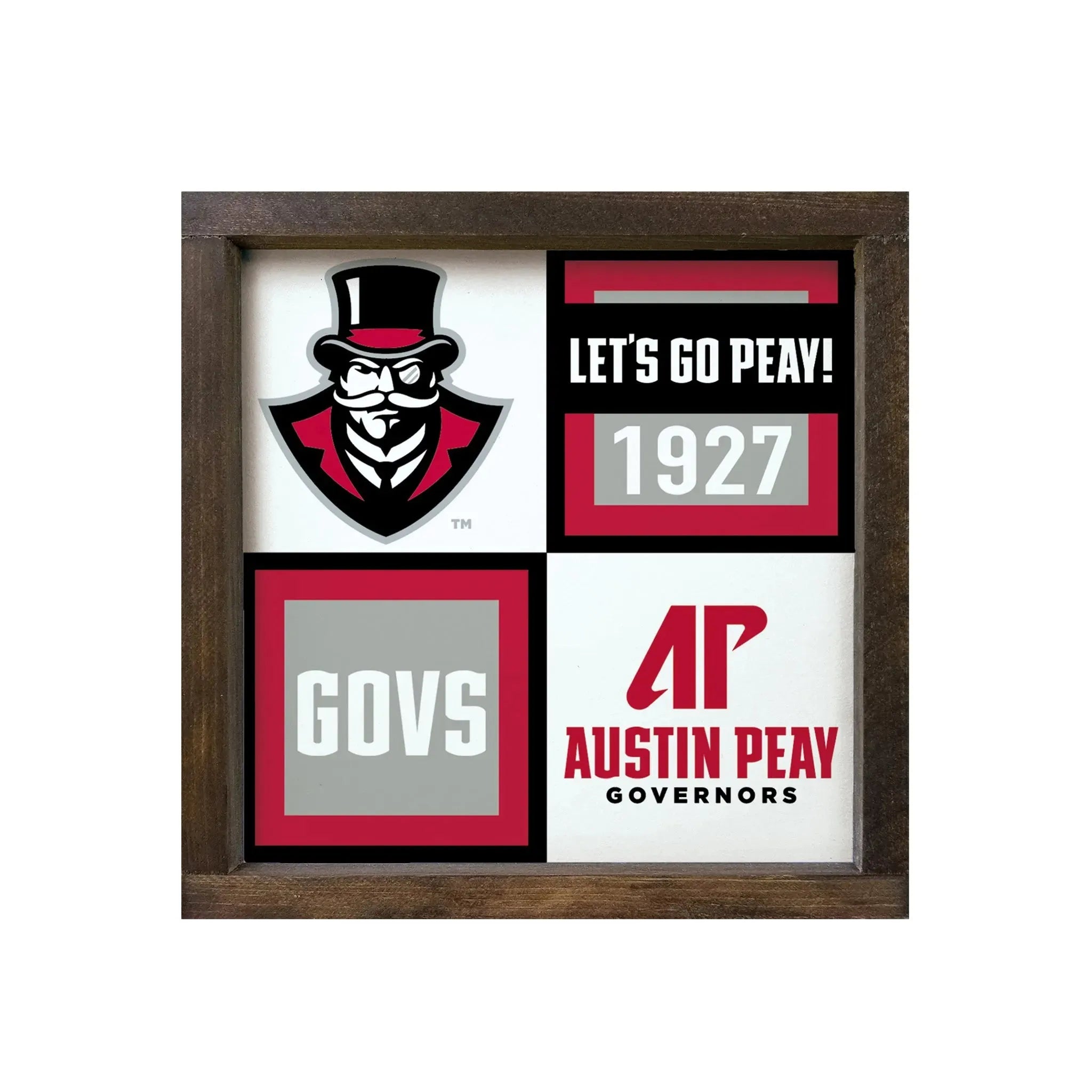 Austin Peay State University 12x12 Wood Framed Sign - Classic Color Block Walnut Stain Wall Art & Signs