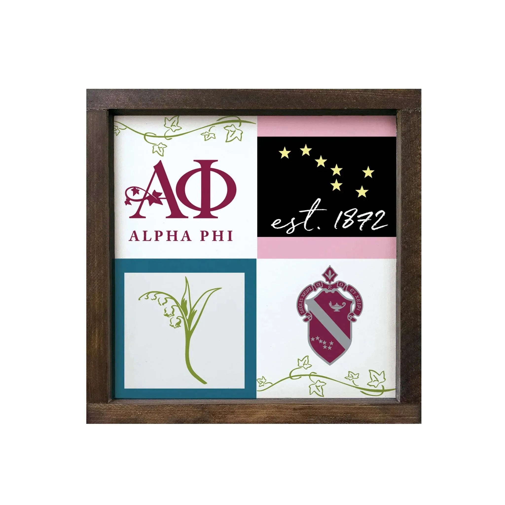 Alpha Phi 12x12 Classic Color Block Wood Framed Sign Walnut Stain Wall Art & Signs