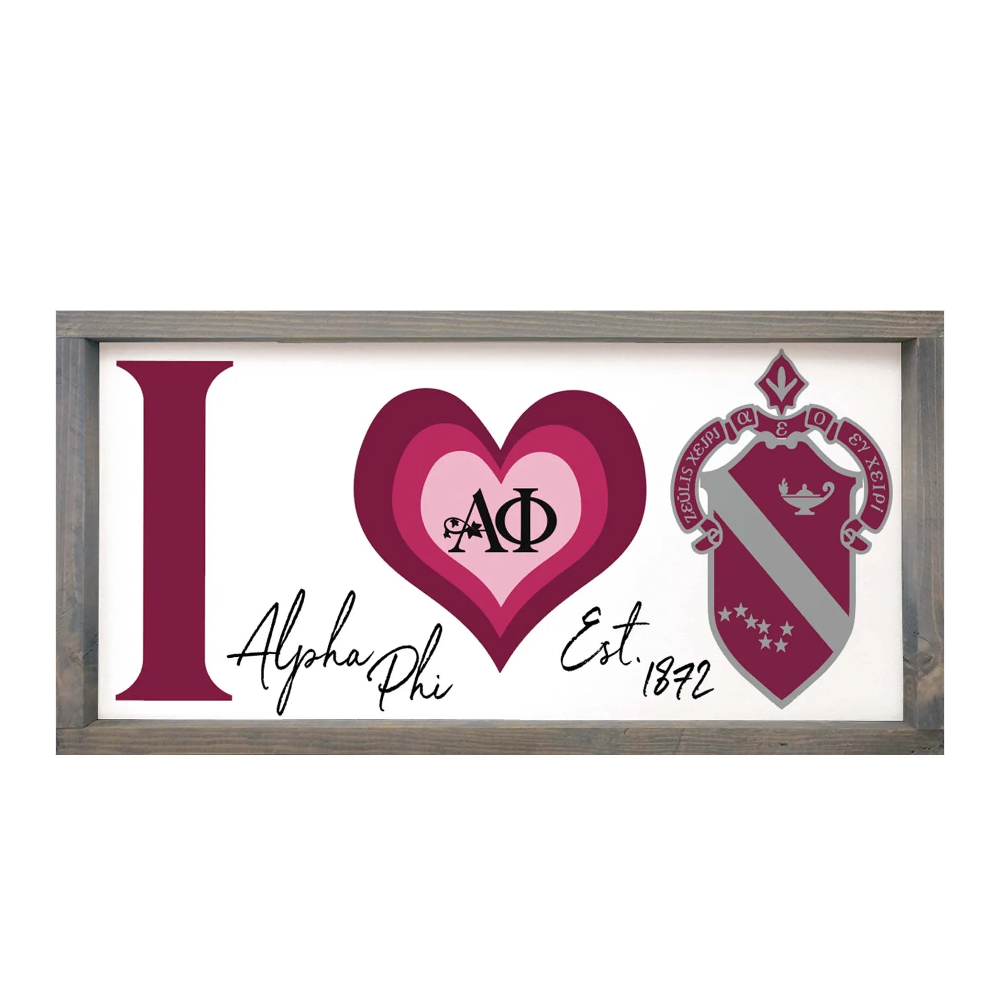 Alpha Phi Sign "Heart" - Coat of Arms Framed Wood - 12"x24"  | Gifts and Merchandise | Festive Fit Home