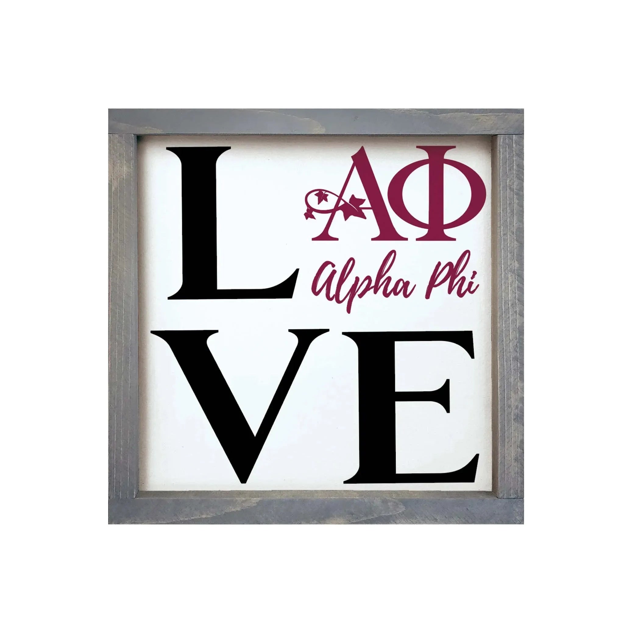 Alpha Phi 12x12 "LOVE" Wood Framed Sign Weathered Gray Wall Art & Signs