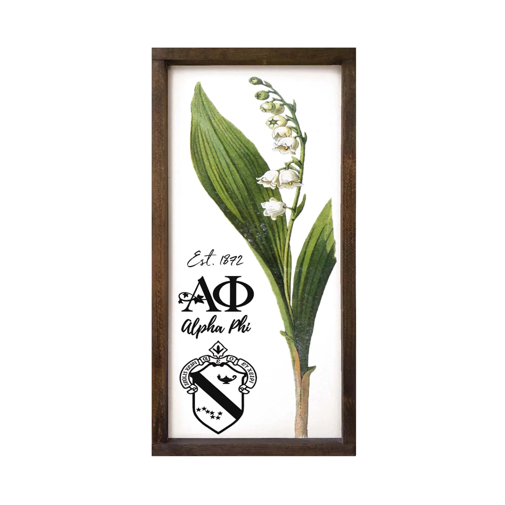 Alpha Phi Large 12x24 Lily of the Valley Wood Framed Sign Walnut Stain Wall Art & Signs