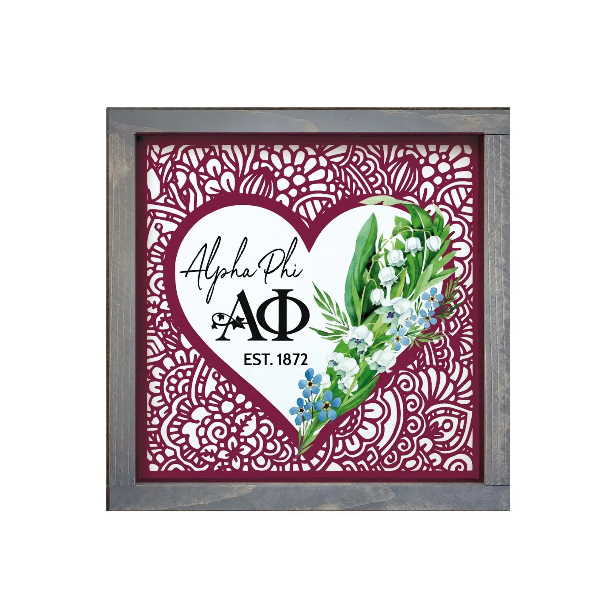Alpha Phi 12x12 Mandala Heart Lily Wood Framed Framed Sign Weathered Gray Wall Art & Signs