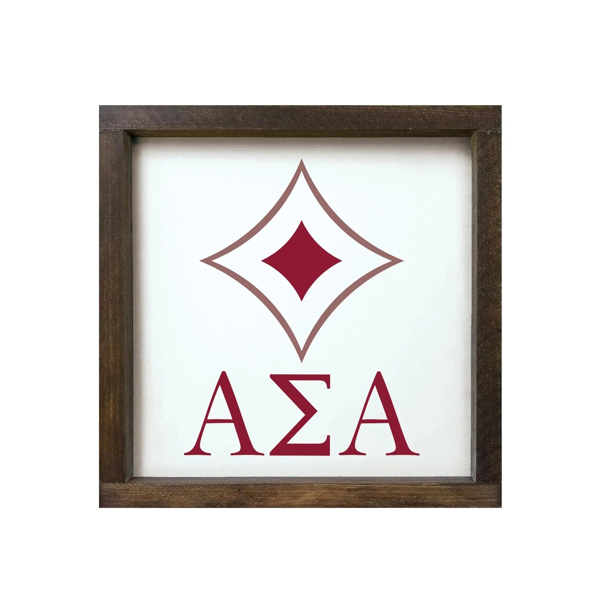 Alpha Sigma Alpha 12x12 Wood Framed Sign - Badgemark Crimson Walnut Stain Wall Art & Signs