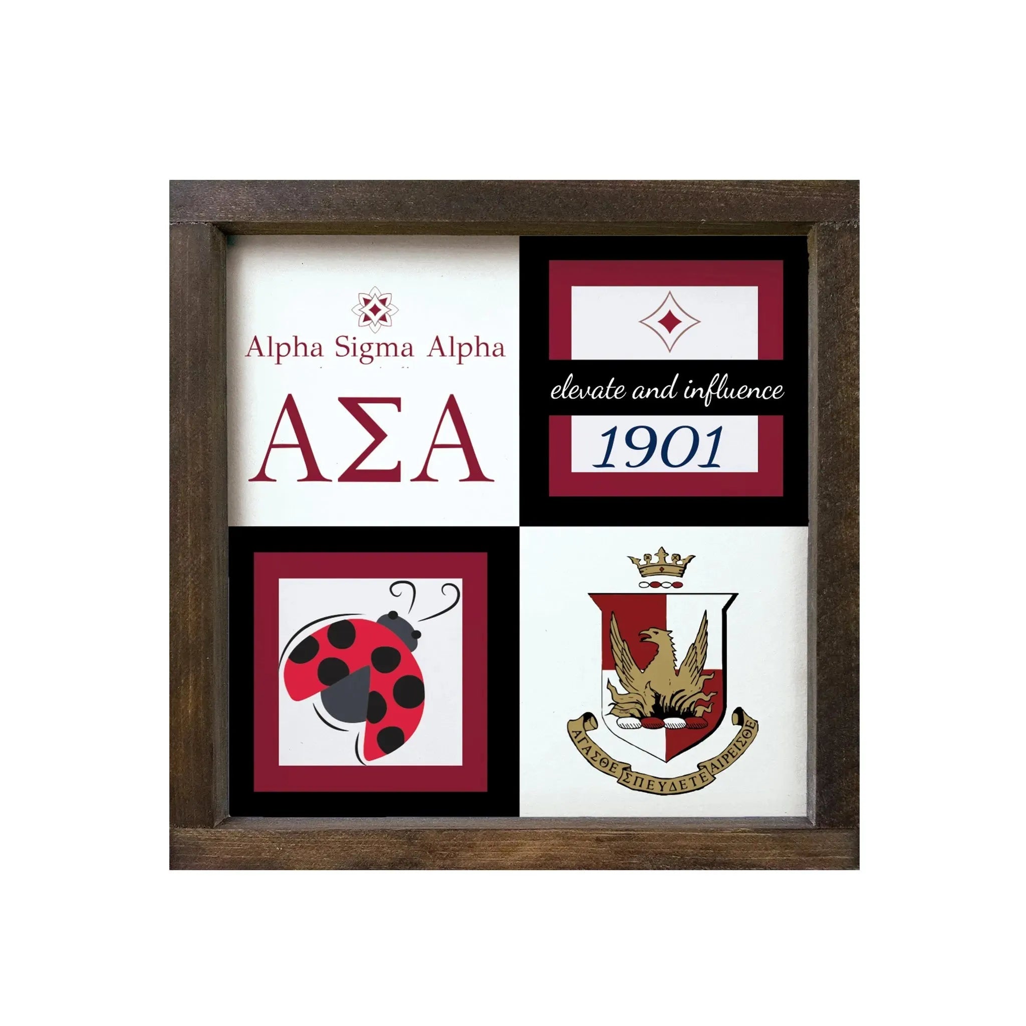 Alpha Sigma Alpha 12x12 Wood Framed Sign - Classic Color Block Walnut Stain Wall Art & Signs
