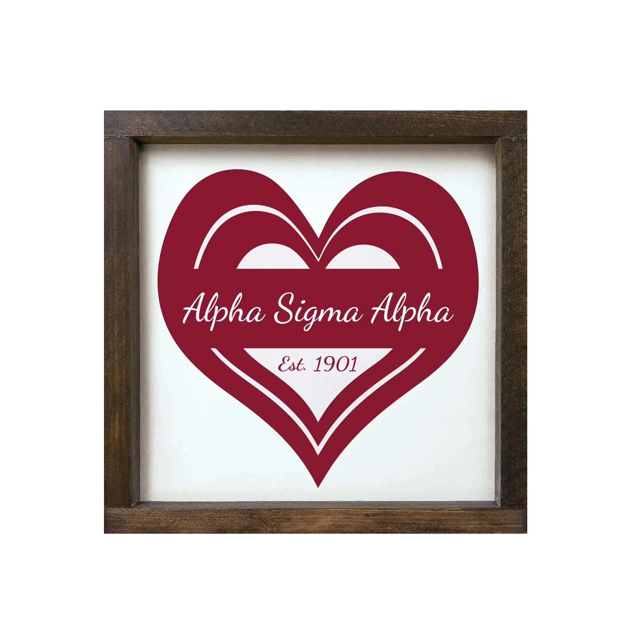 Alpha Sigma Alpha 12x12 Wood Framed Sign - Heart Walnut Stain Wall Art & Signs