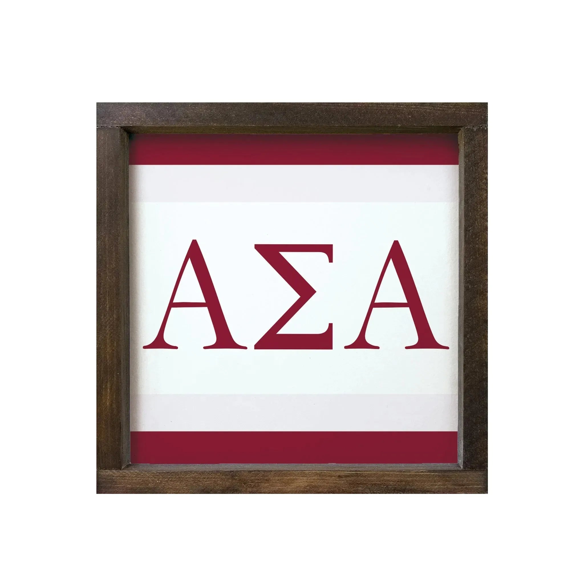 Alpha Sigma Alpha 12x12 Wood Framed Sign - Greek Letters Stripes Walnut Stain Wall Art & Signs