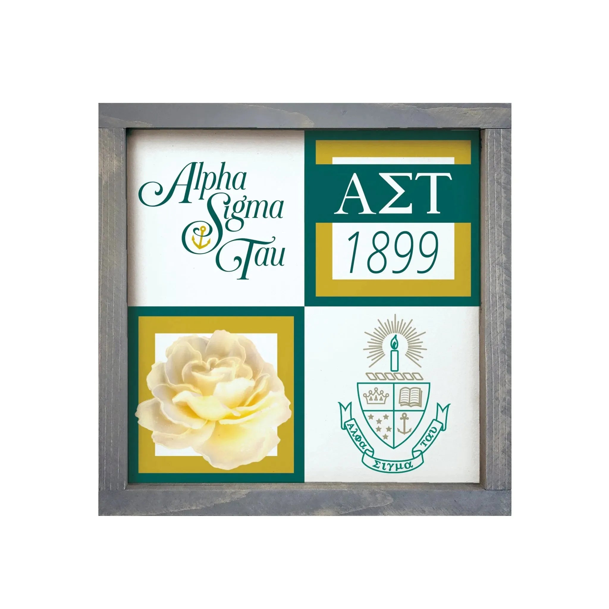 Alpha Sigma Tau 12x12 Wood Framed Sign - Classic Color Block Weathered Gray Wall Art & Signs