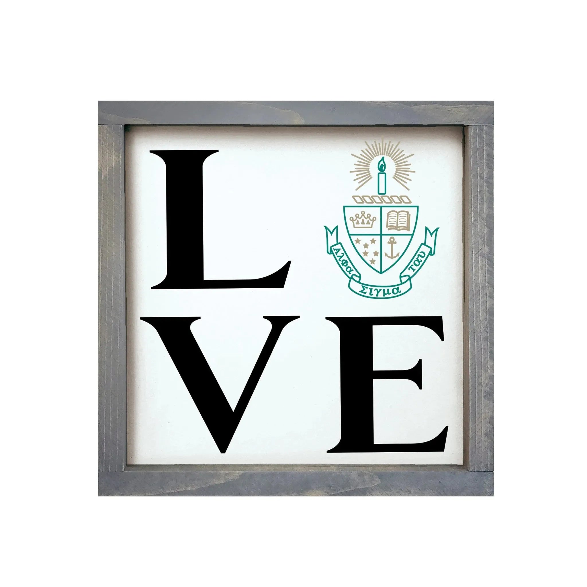 Alpha Sigma Tau 12x12 Wood Framed Sign - LOVE Crest Weathered Gray Wall Art & Signs