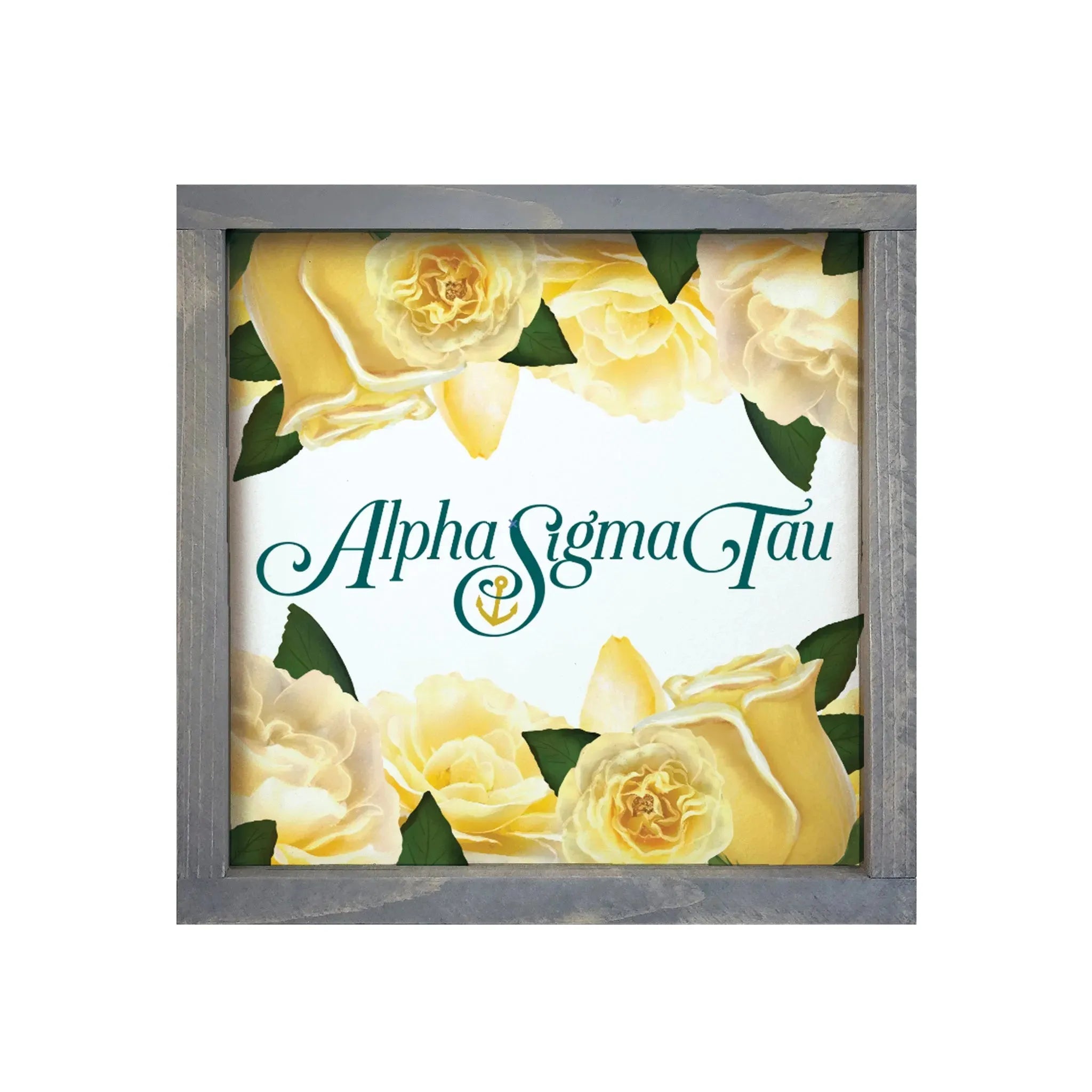Alpha Sigma Tau 12x12 Wood Framed Sign - Yellow Roses Weathered Gray Wall Art & Signs
