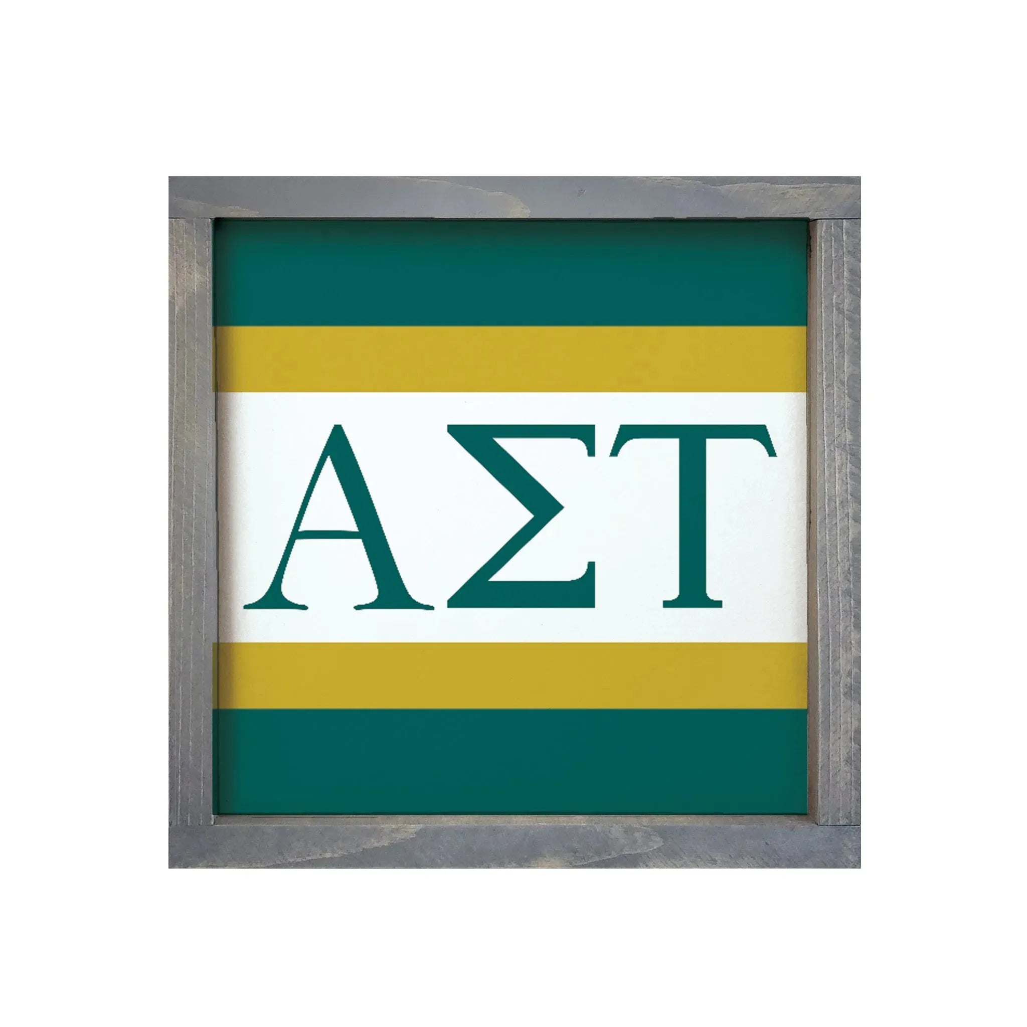 Alpha Sigma Tau 12x12 Wood Framed Sign - Stripes Greek Letters Weathered Gray Wall Art & Signs