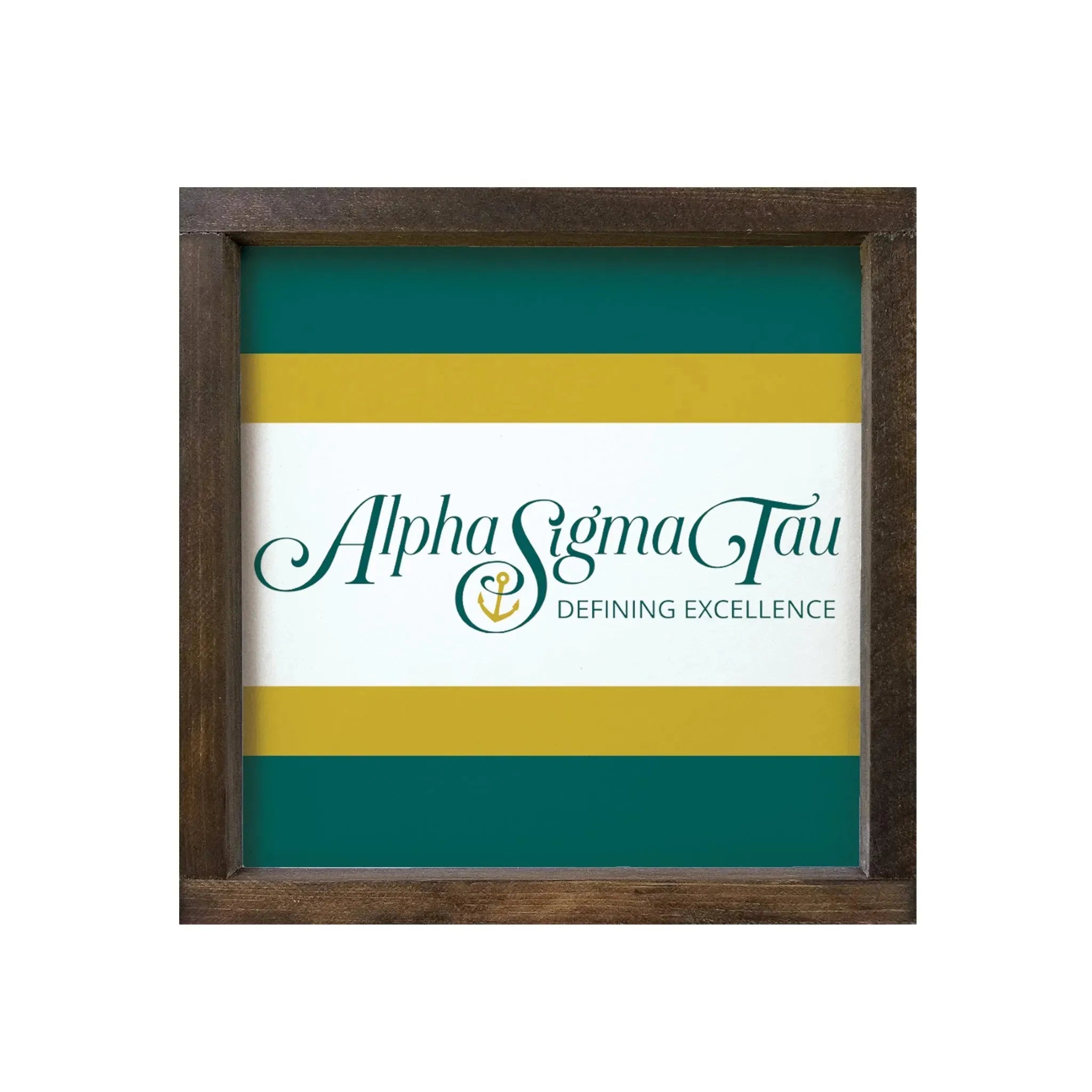 Alpha Sigma Tau 12x12 Wood Framed Sign - Stripes Traditional Logo Walnut Stain Wall Art & Signs