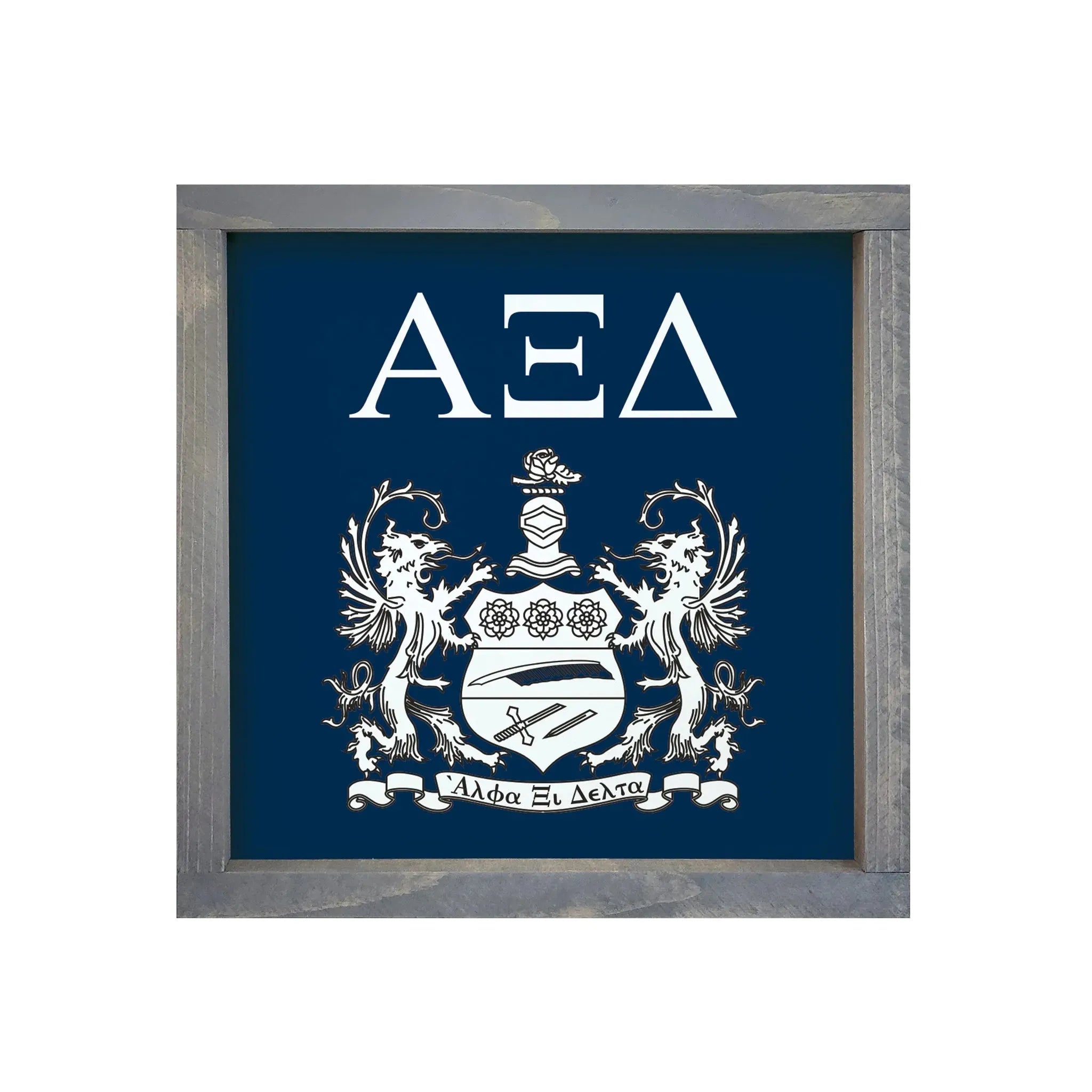 Alpha Xi Delta 12x12 Wood Framed Sign - Traditional Crest Blue Weathered Gray Wall Art & Signs
