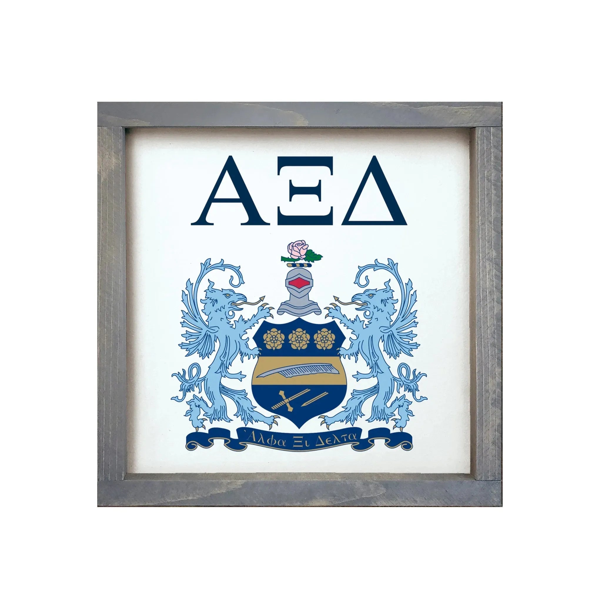 Alpha Xi Delta 12x12 Wood Framed Sign - Traditional Crest White Weathered Gray Wall Art & Signs