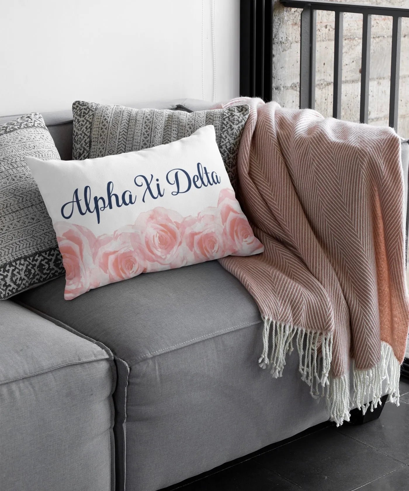 Alpha Xi Delta Pink Rose Lumbar Pillow Cover | Official Gift Shop | Festive Fit Home