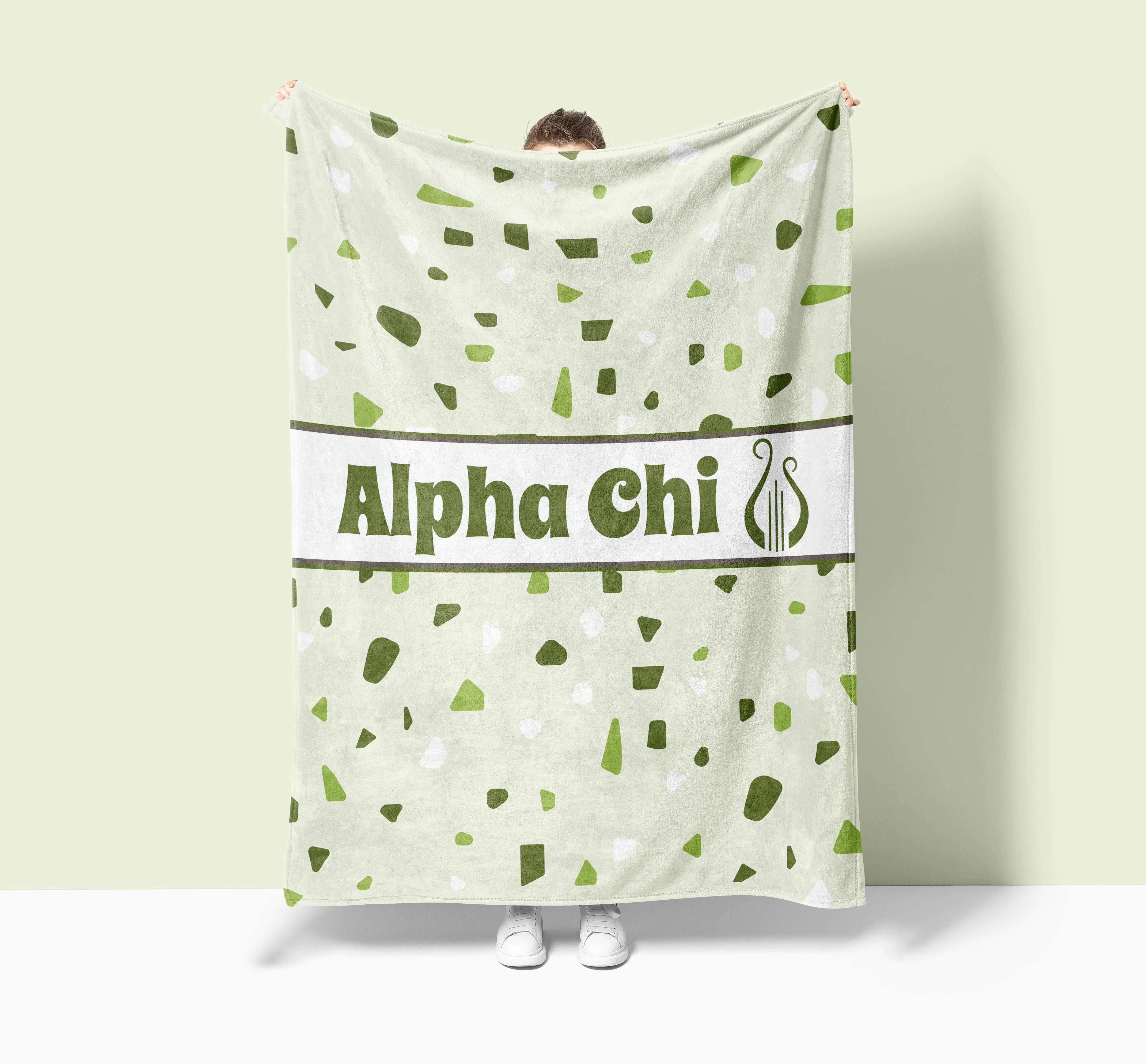 Alpha Chi XL 60x80 Sherpa Blanket Olive Terrazzo Pattern | AXO Gifts