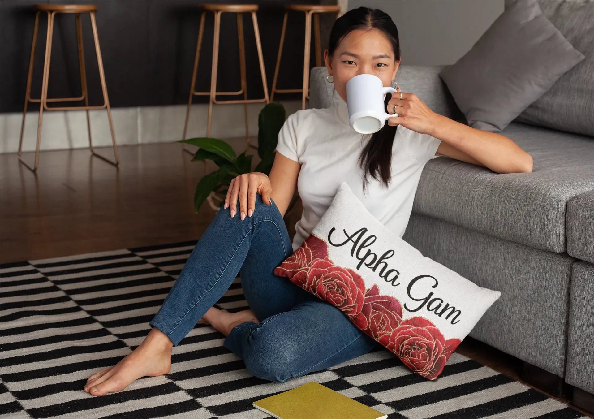 Alpha Gam Lumbar Throw Pillow Cover - Red Roses Pillow Covers