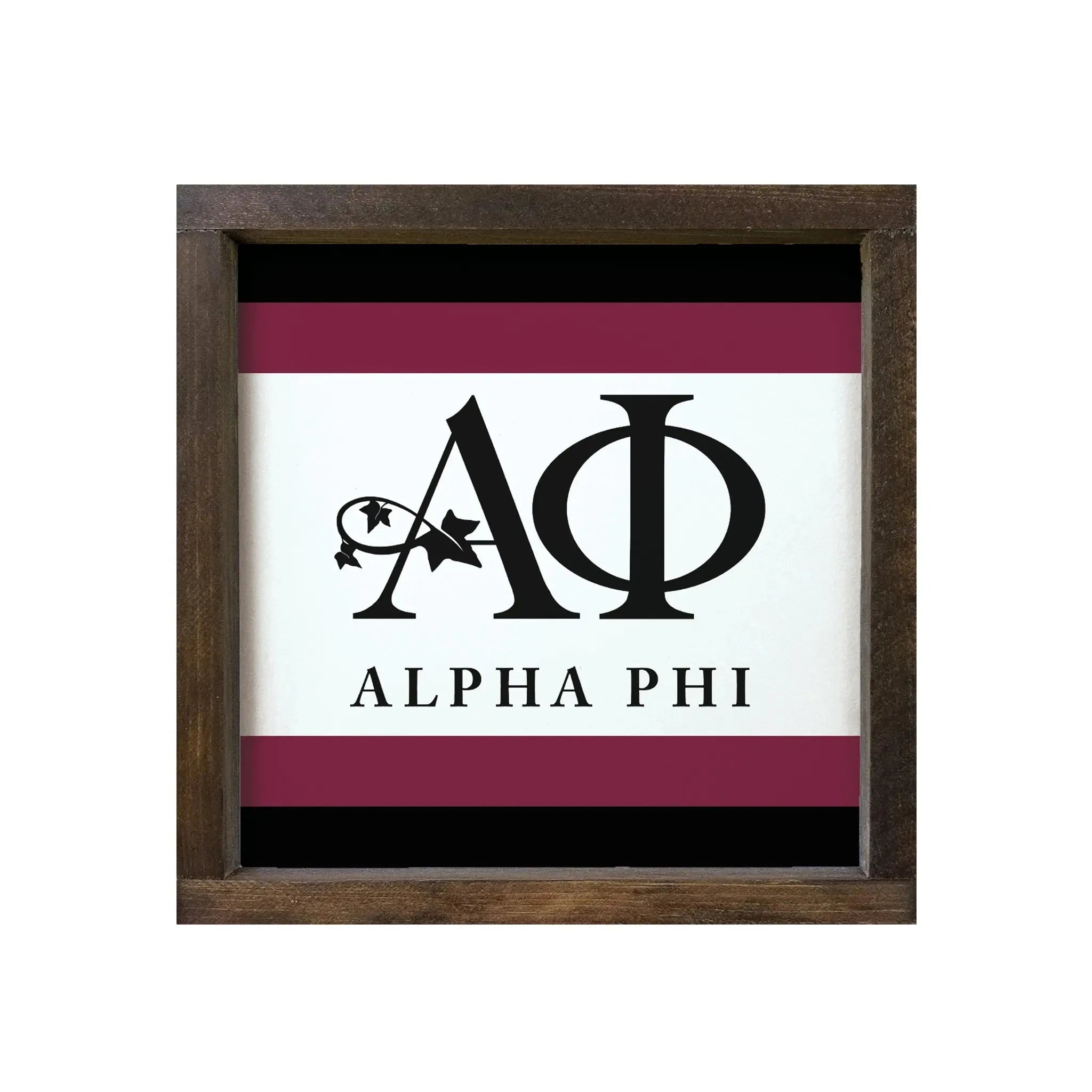 Alpha Phi 12x12 Wood Framed Sign - Traditional Stripes Walnut Stain Wall Art & Signs