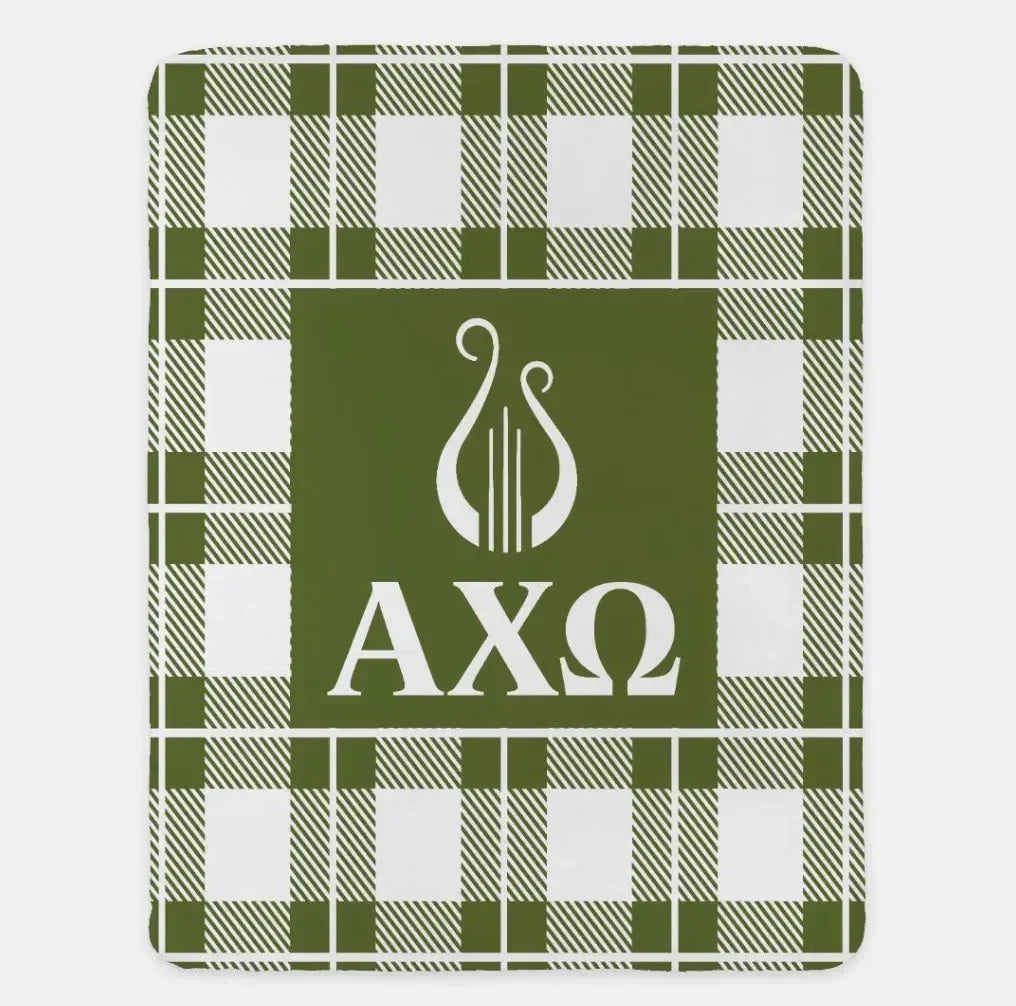 Alpha Chi Omega XL 60x80 Plaid Sherpa Throw Blanket Olive Throw Blankets