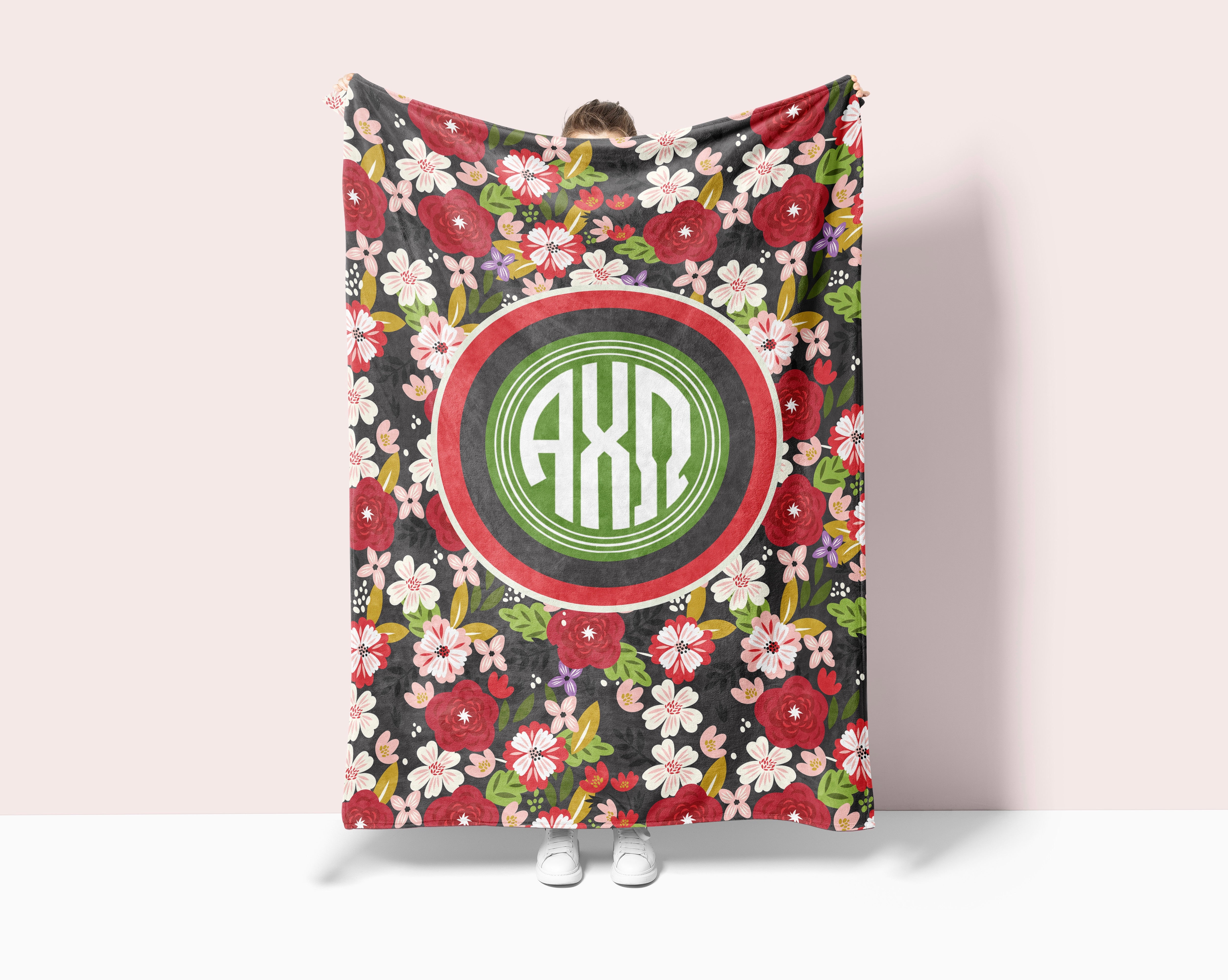 Alpha Chi Omega XL 60x80 Sherpa Blanket - Modern Floral Monogram | AXO