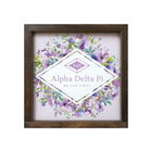 Alpha Delta Pi 12x12 Wood Framed Sign - Purple Floral Diamond Frame Walnut Stain Wall Art & Signs