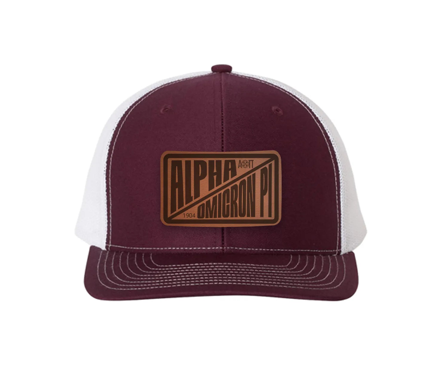 Alpha Omicron Pi Richardson 112 Leatherette Patch Trucker Hat - Divide Maroon White Trucker Hat