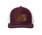 Alpha Omicron Pi Richardson 112 Leatherette Patch Trucker Hat - Divide Maroon White Trucker Hat